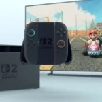 Máy chơi game Nintendo Switch 2 đang gắn dock, hiển thị game Mario Kart trên màn hình lớn