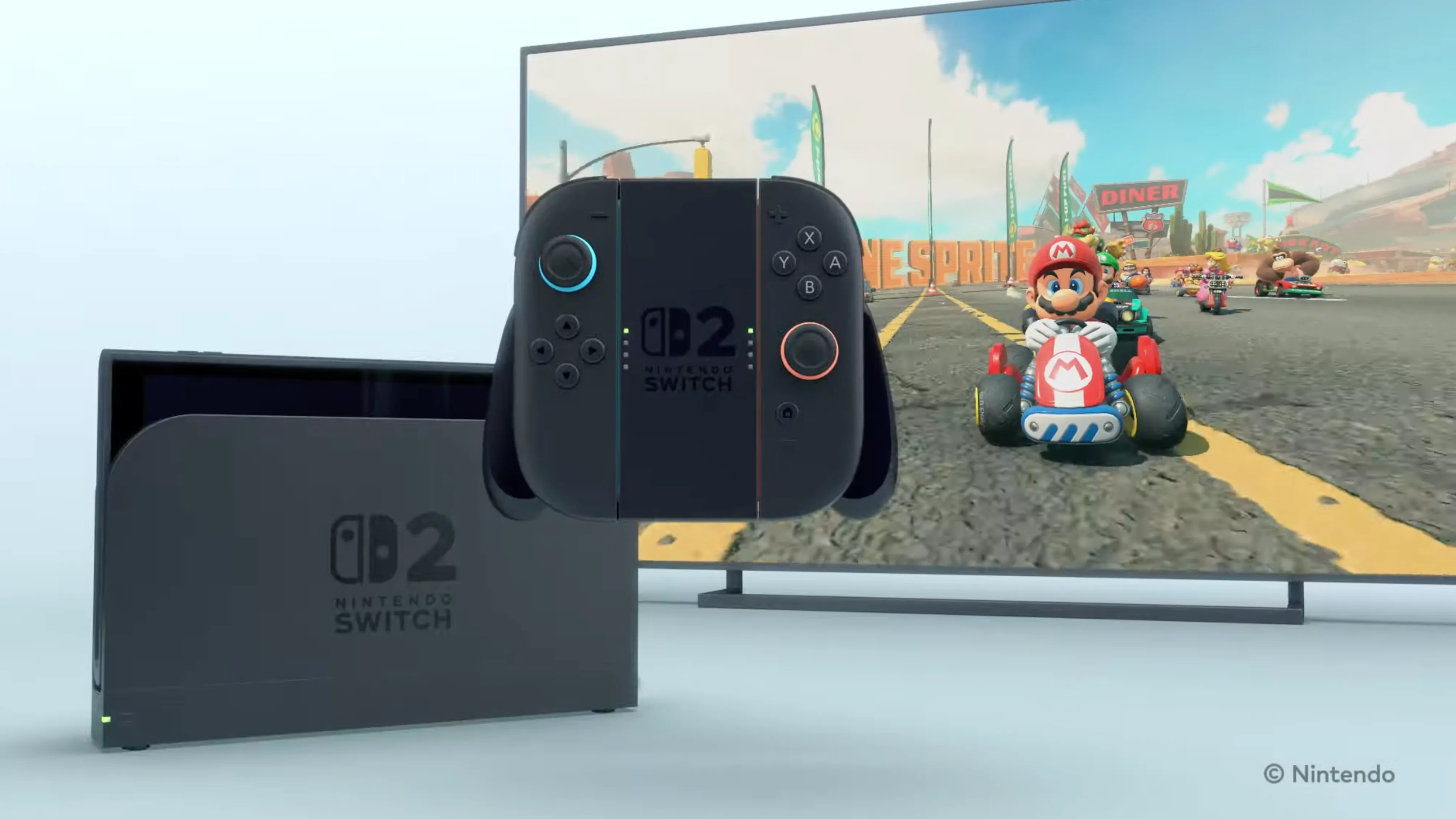 Máy chơi game Nintendo Switch 2 đang gắn dock, hiển thị game Mario Kart trên màn hình lớn