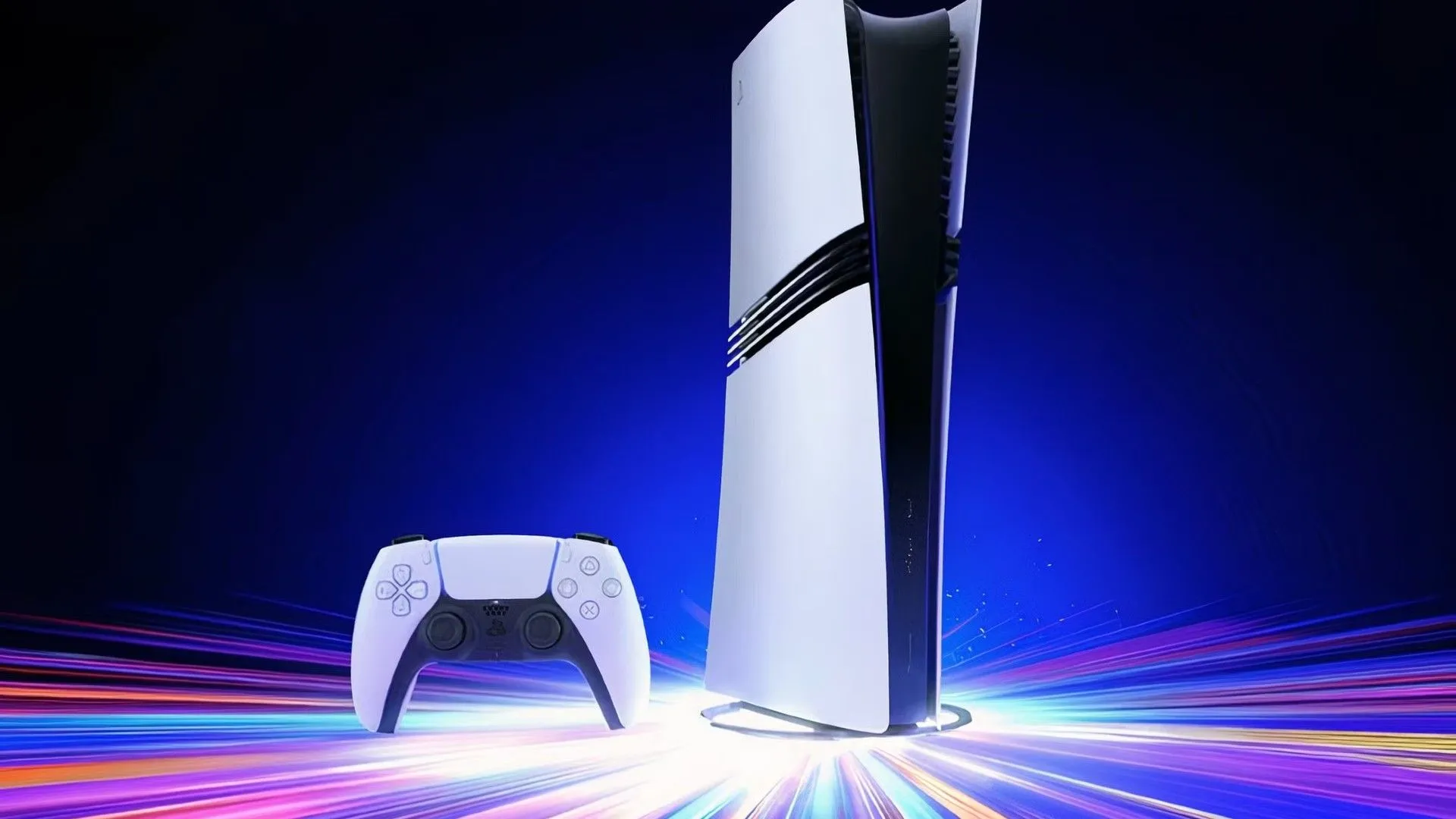Máy chơi game PlayStation 5 Pro màu trắng với ánh sáng xanh phát ra từ cạnh dưới