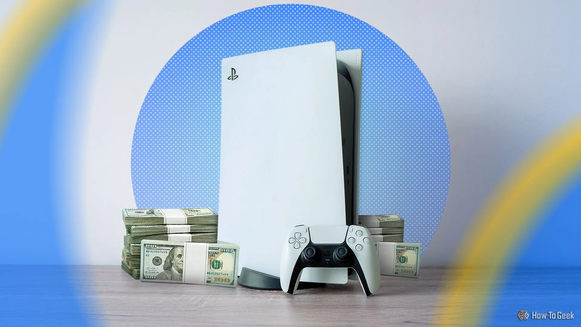Máy chơi game PlayStation 5 và chồng tiền mặt, minh họa chi phí đầu tư phần cứng console đắt đỏ.