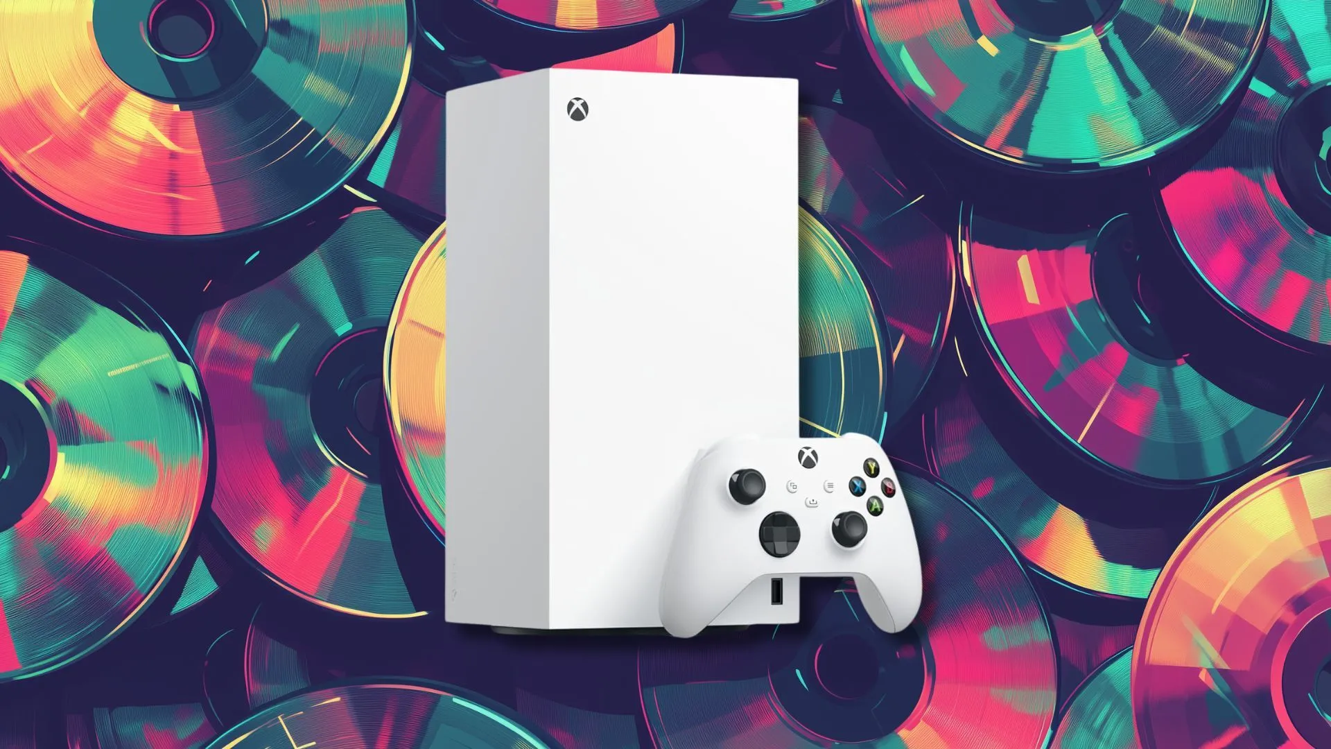 Máy chơi game Xbox Series X màu trắng đặt trên nền đĩa CD, liên quan đến thông báo tăng giá gần đây.