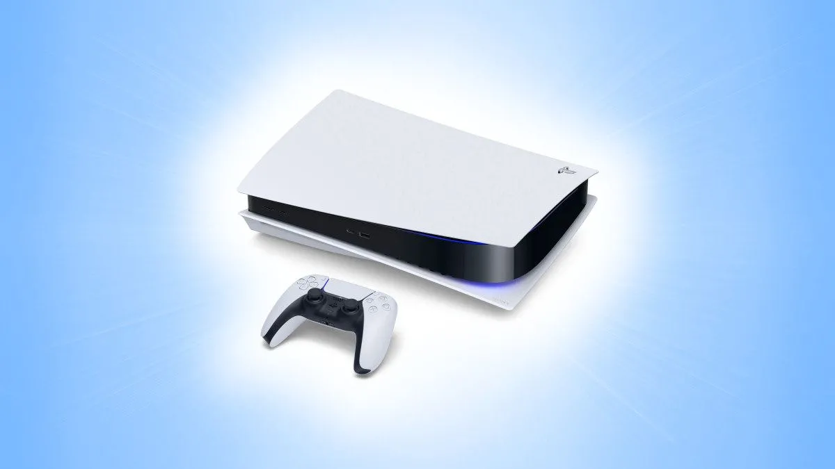 Máy console PlayStation 5 (PS5) màu trắng đen trên nền xanh, minh họa thiết bị ghi hình game tích hợp.