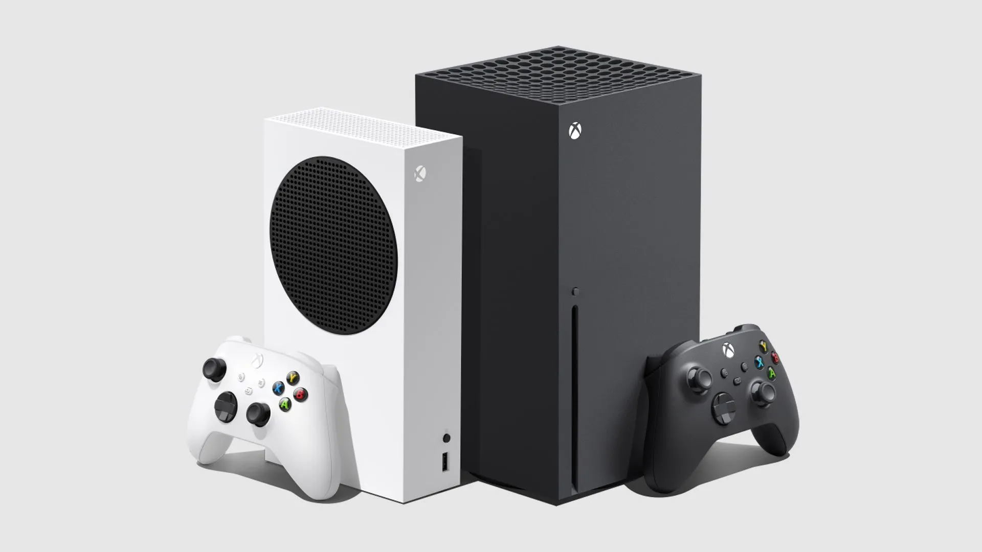 Máy console Xbox Series X và Xbox Series S đặt cạnh nhau trên nền trơn