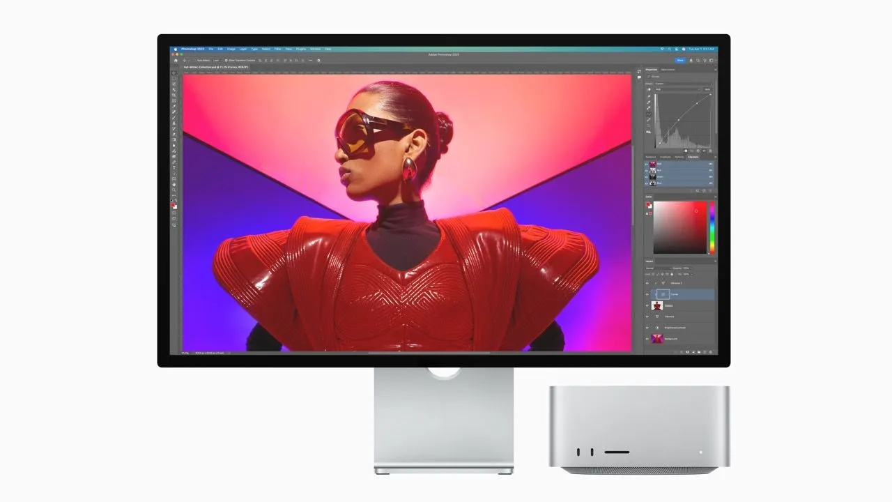 Máy tính Apple Mac Studio chạy phần mềm Photoshop, minh họa nhu cầu sử dụng ứng dụng chuyên nghiệp.