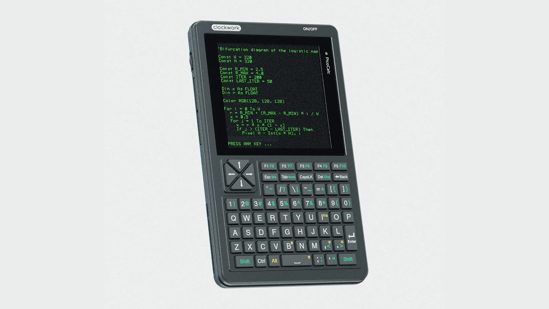 Máy tính cầm tay ClockworkPi PicoCalc trên nền trắng