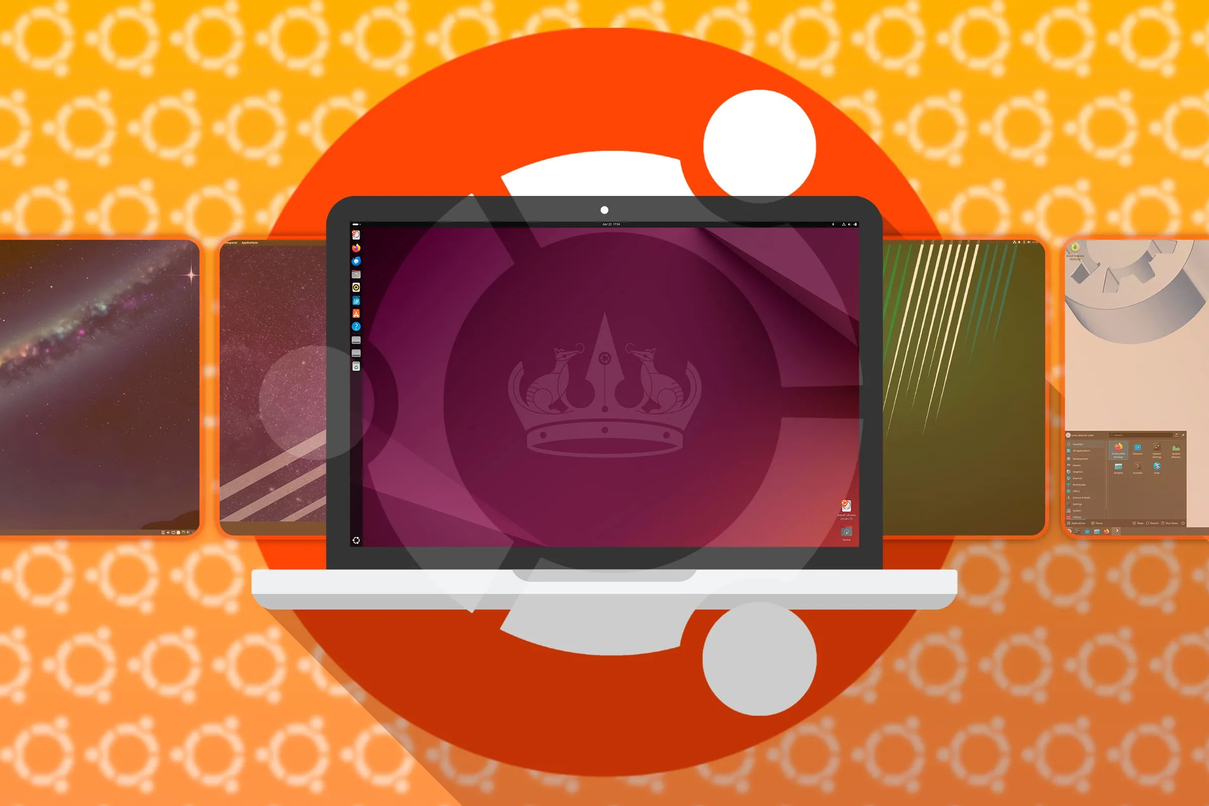 Máy tính xách tay hiển thị Ubuntu, cùng với hình ảnh các bản phân phối dựa trên Ubuntu khác trong nền.