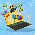 Máy tính xách tay và các tay cầm chơi game cũ minh họa cho khái niệm giả lập