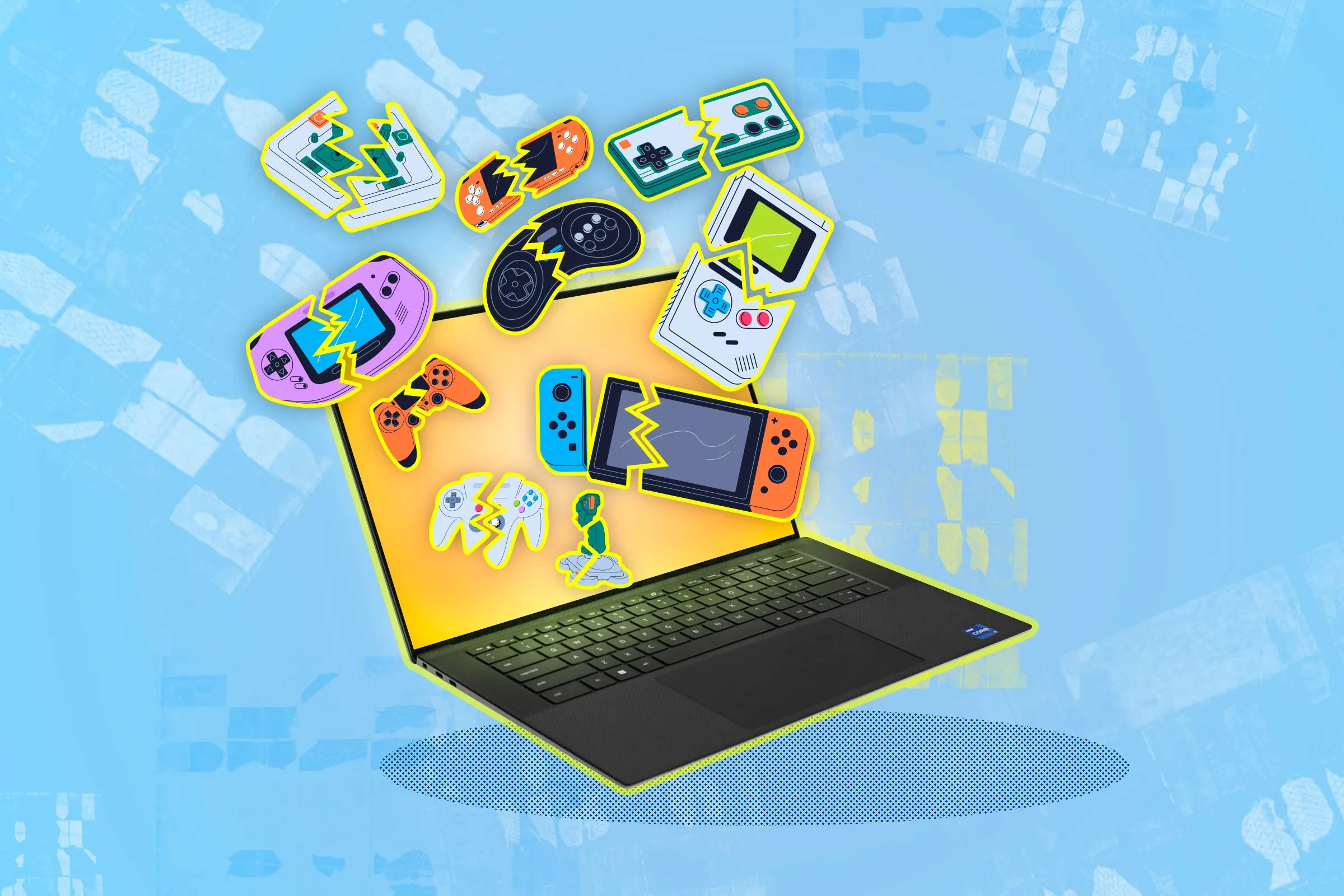 Máy tính xách tay và các tay cầm chơi game cũ minh họa cho khái niệm giả lập