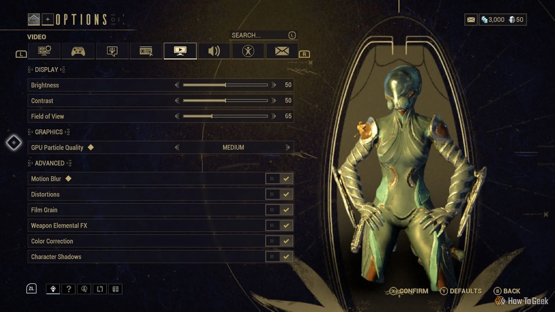 Menu cài đặt đồ họa chi tiết trong Warframe cho Nintendo Switch