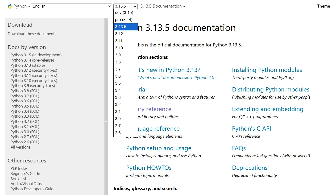 Menu chọn phiên bản tài liệu Python, minh chứng cho tính bền vững của tài liệu mã nguồn mở.