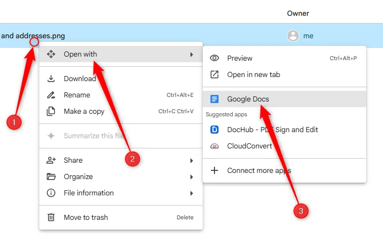 Menu chuột phải khi chọn hình ảnh trong Google Drive, chọn mở bằng Google Docs để trích xuất văn bản.