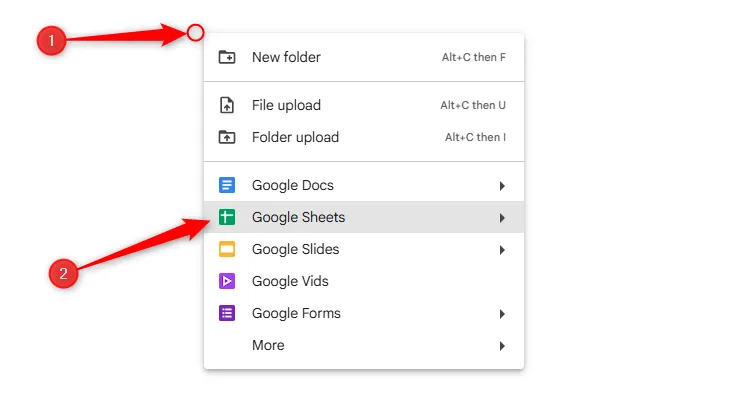 Menu chuột phải trong Google Drive, chọn tạo mới một tệp Google Sheets.