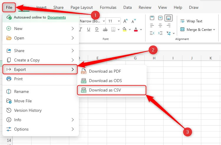 Menu File trong Excel for the web hiển thị các tùy chọn Xuất và Tải xuống dưới dạng CSV