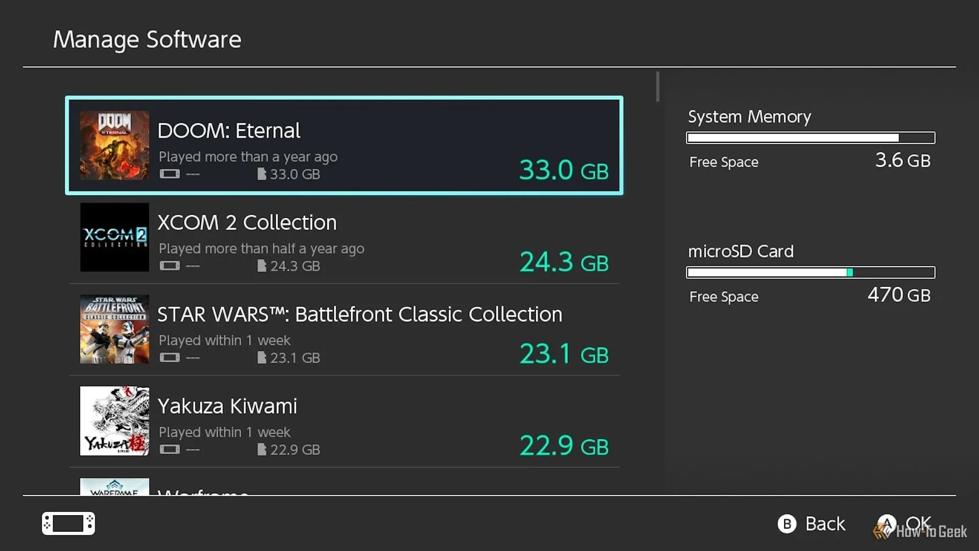 Menu quản lý phần mềm trong cài đặt hệ thống Nintendo Switch