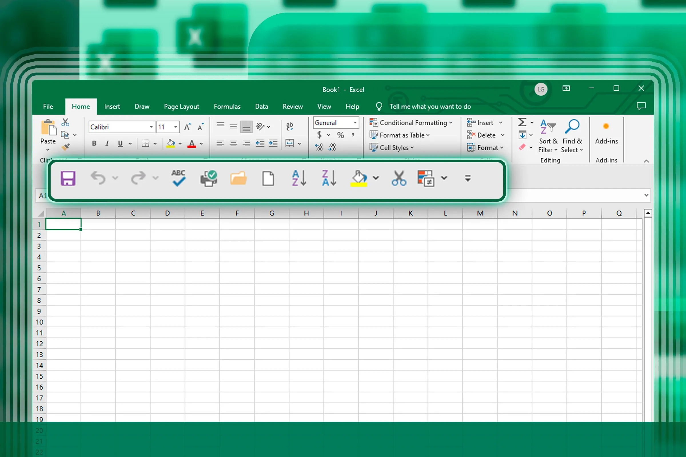 Microsoft Excel hiển thị thanh Quick Access Toolbar, nơi lưu trữ các công cụ thường dùng để thao tác nhanh.