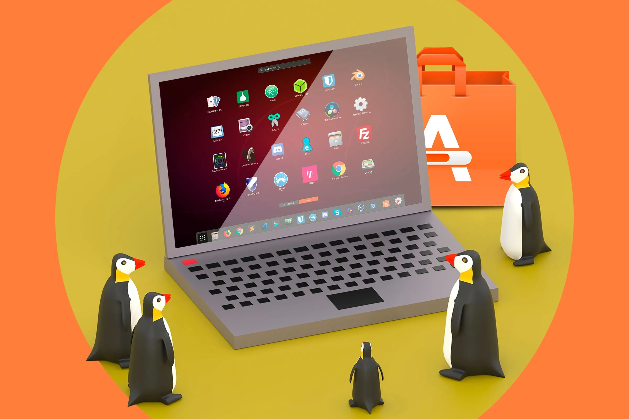 Minh họa một chiếc laptop hiển thị các ứng dụng Linux cùng những chú chim cánh cụt, biểu thị sự phong phú của phần mềm trên Linux.