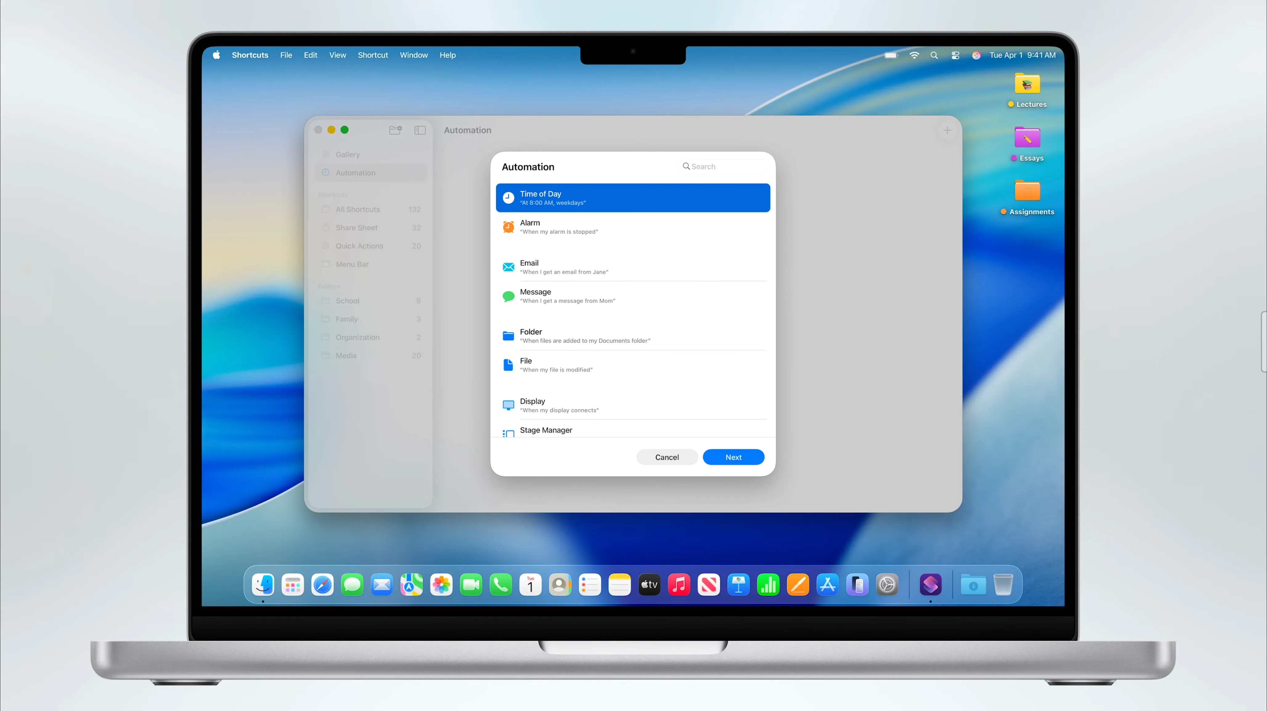 Mô phỏng các trigger tự động hóa Shortcuts mới trong macOS 26 Tahoe từ Apple.