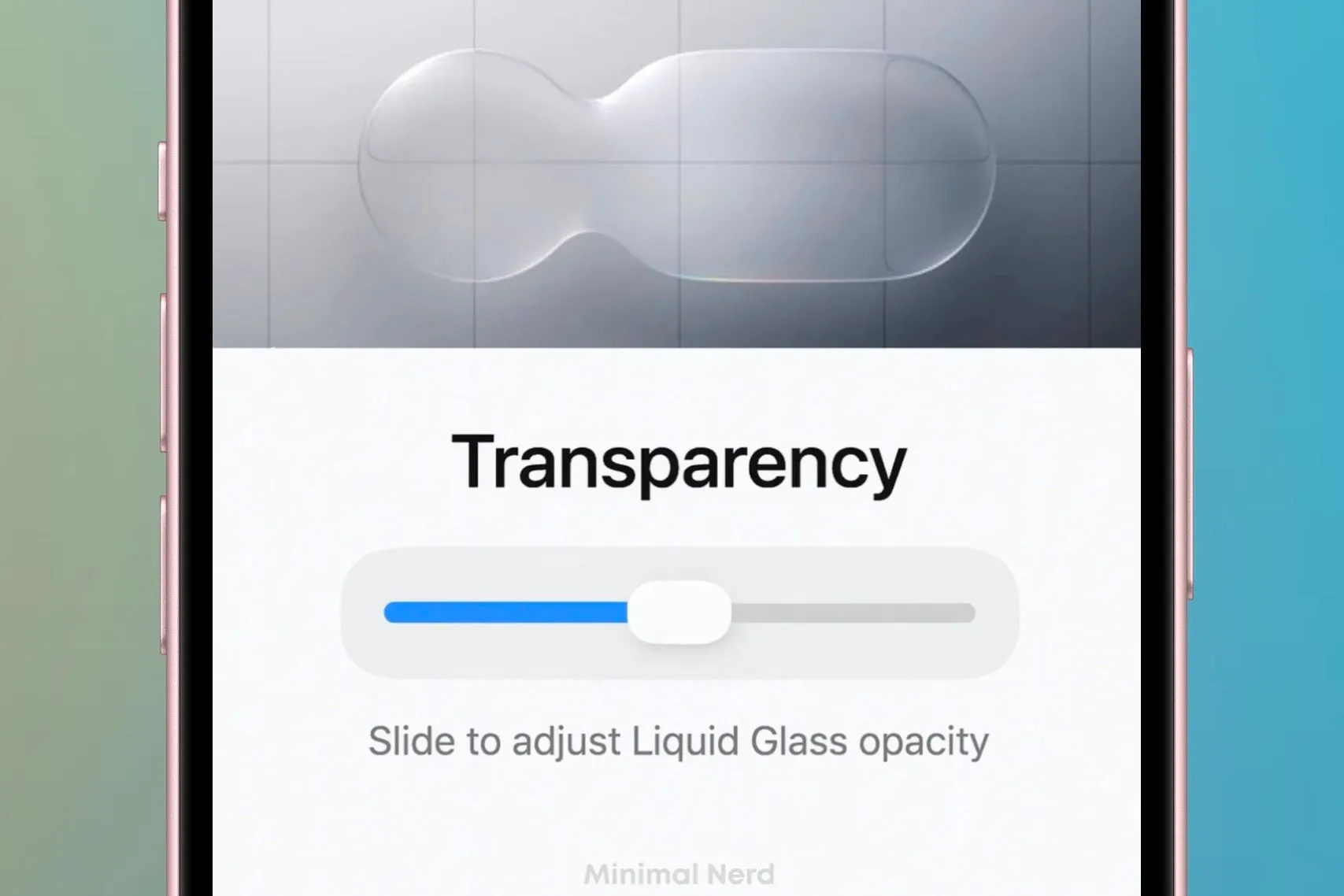 Mô phỏng giao diện thanh trượt điều chỉnh cường độ hiệu ứng Liquid Glass trên iOS, minh họa khả năng tùy chỉnh