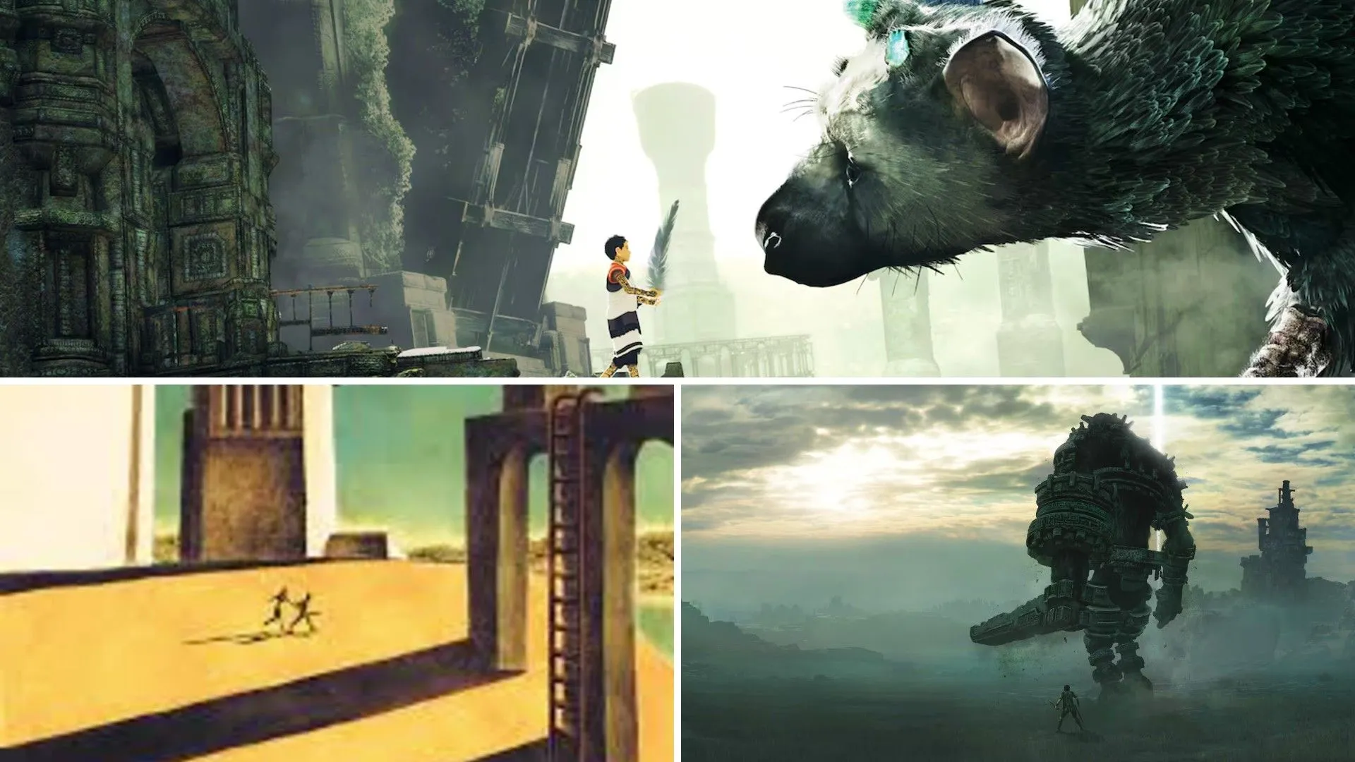 Một đứa trẻ đang nhìn sinh vật lớn trong The Last Guardian, bên trên là người chơi đang tấn công một colossus trong Shadow of the Colossus, cạnh bên là hai người đang chạy trong ICO.