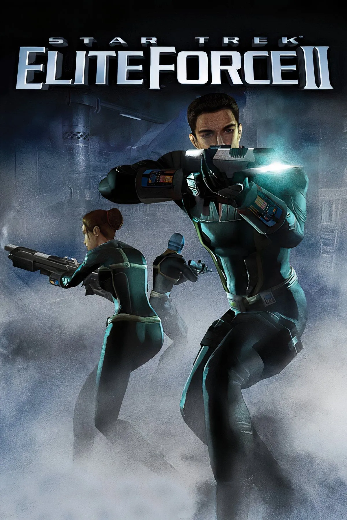 Một nhân vật Starfleet đang chiến đấu với kẻ thù trong hành lang phi thuyền Enterprise-E trong game Star Trek: Elite Force II