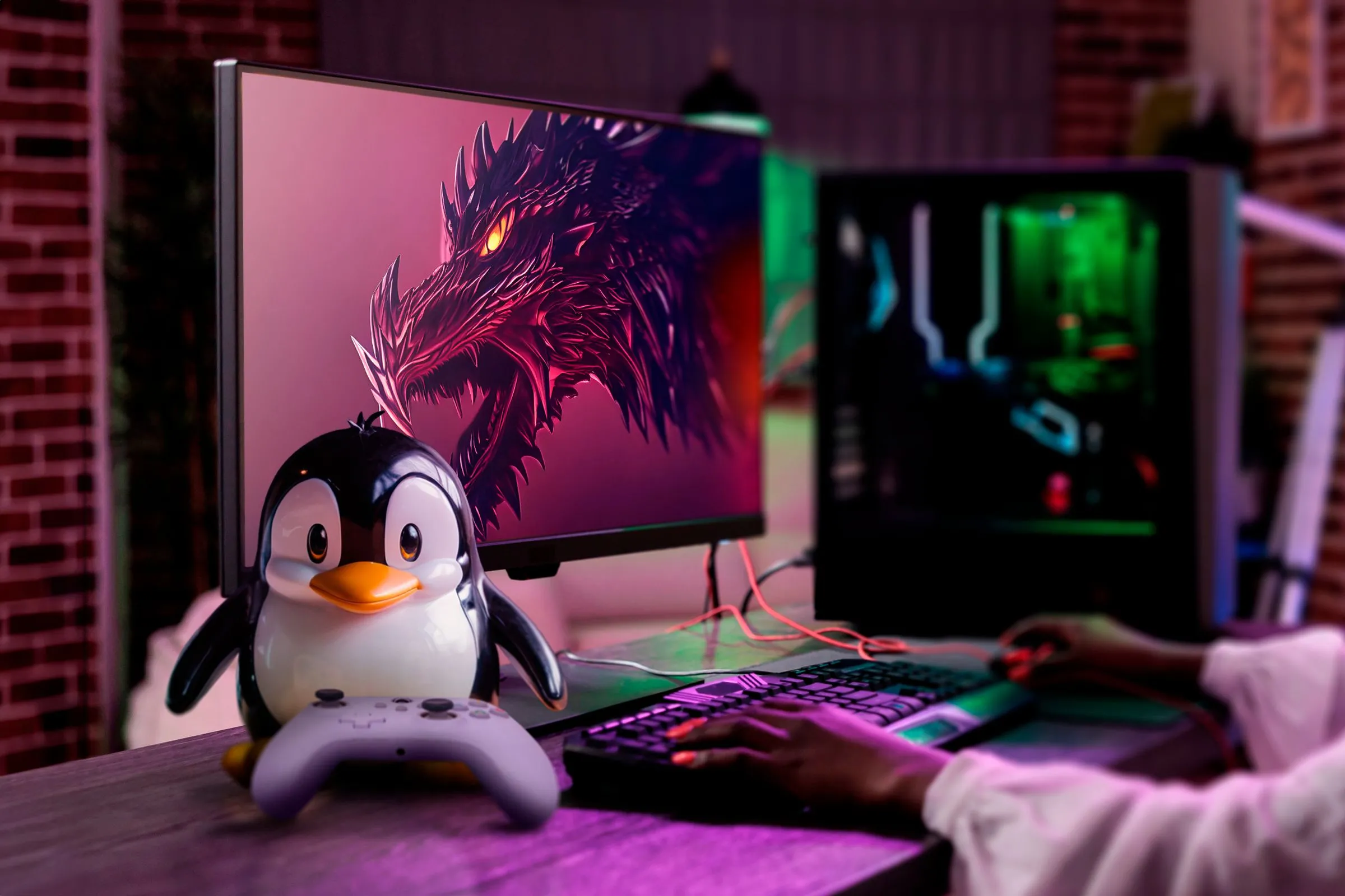 Một PC chơi game với Garuda Linux trên màn hình và linh vật Tux cùng bộ điều khiển bên cạnh