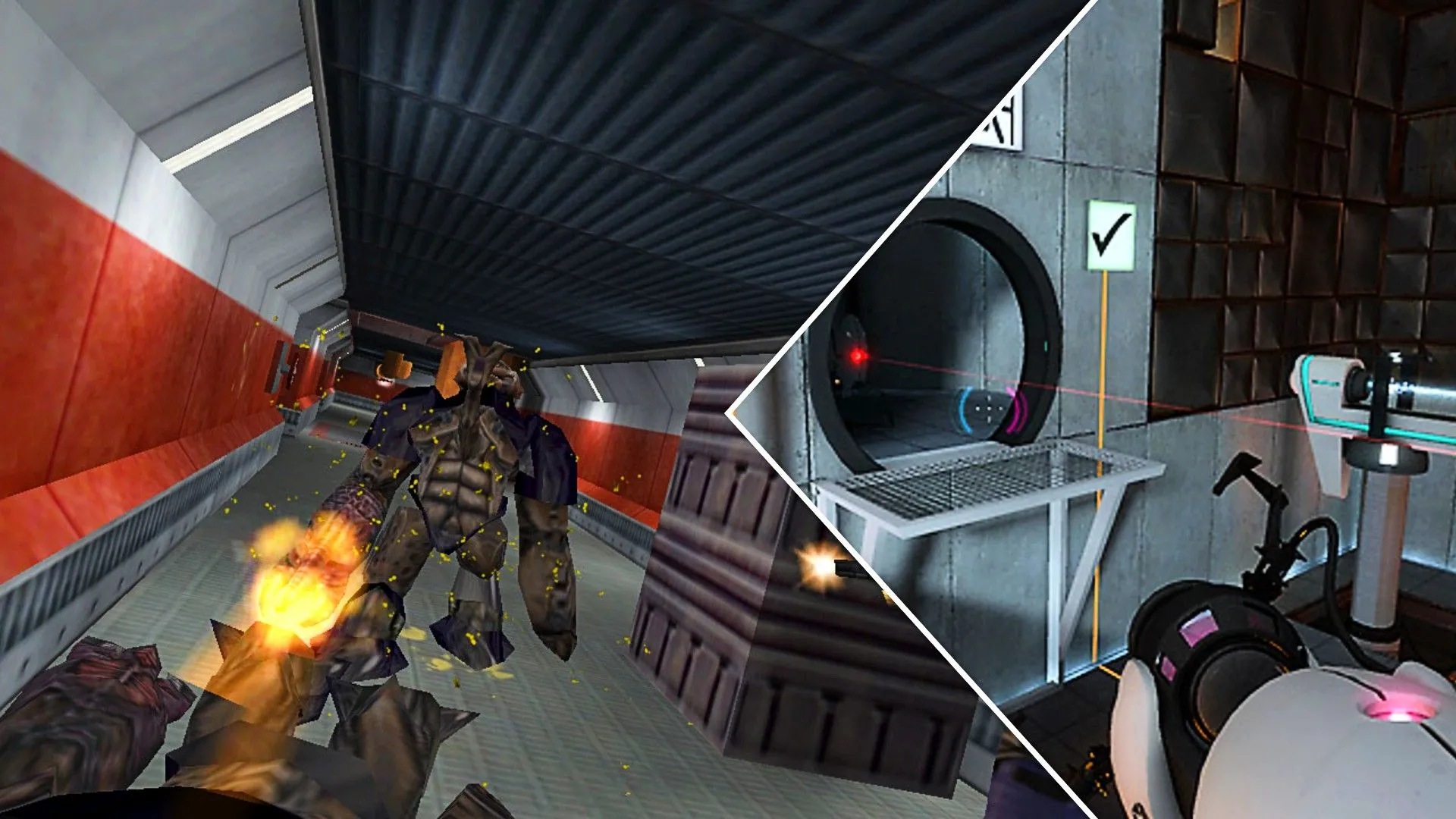 Một quái vật từ Half-Life đang bắn vào người chơi, cạnh bên là người chơi đang giải đố trong Portal.
