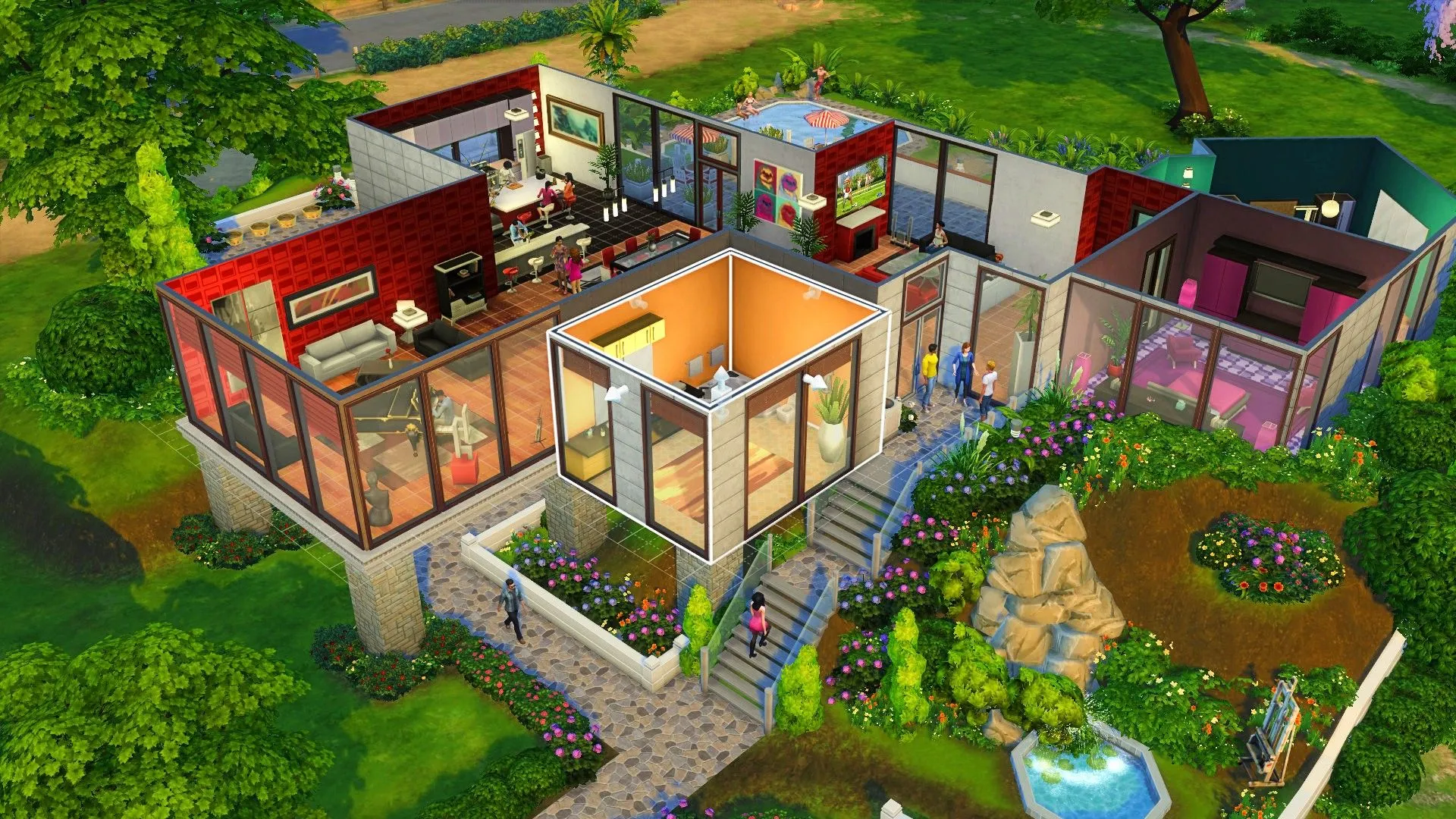 Ngôi nhà trong Sims 4 đang được mở rộng ở chế độ xây dựng, thể hiện tính năng tùy chỉnh