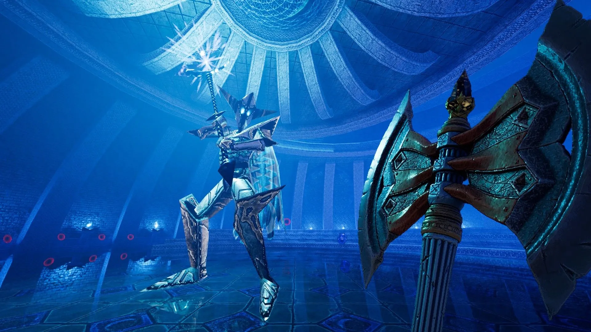 Người chơi chuẩn bị đối đầu với hiệp sĩ undead khổng lồ trong Amid Evil.