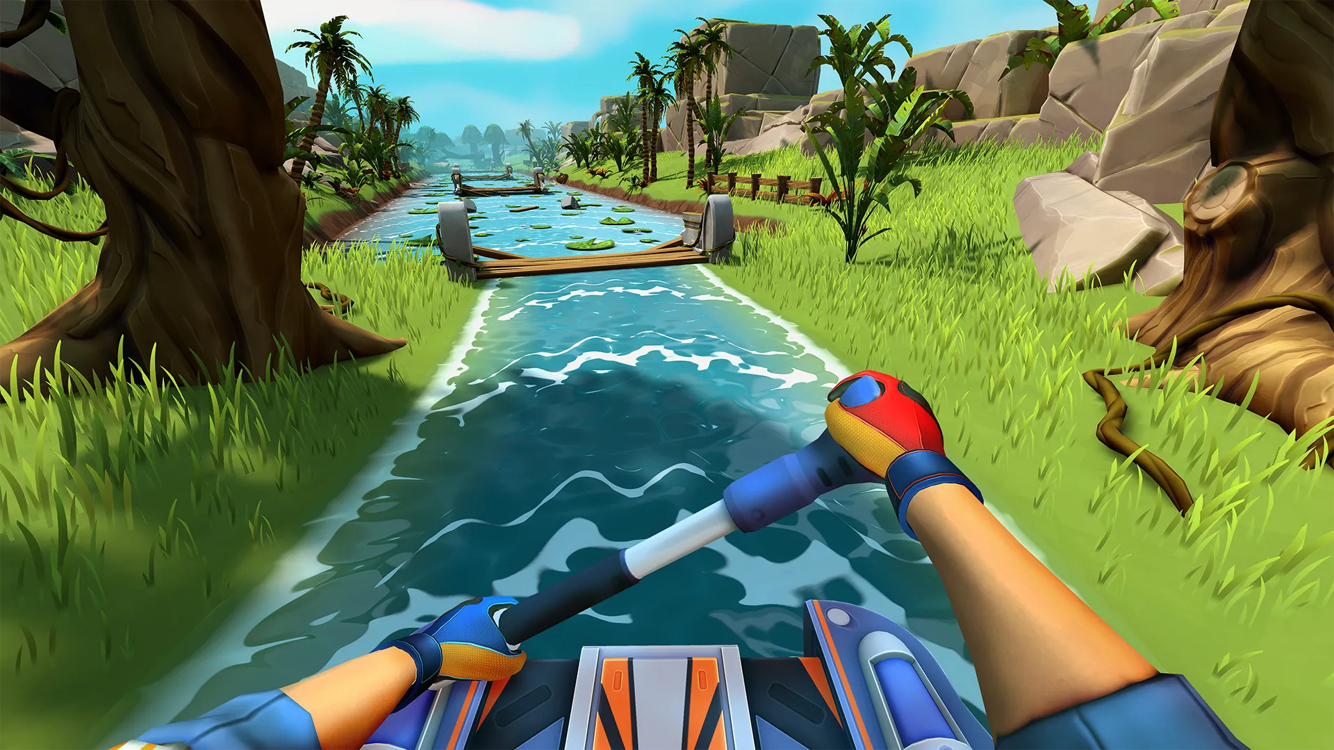 Người chơi đang chèo thuyền trong game Fitness Fables, một ví dụ về game VR chất lượng trên Meta Quest, chứng minh vẫn có những tựa game đáng trải nghiệm