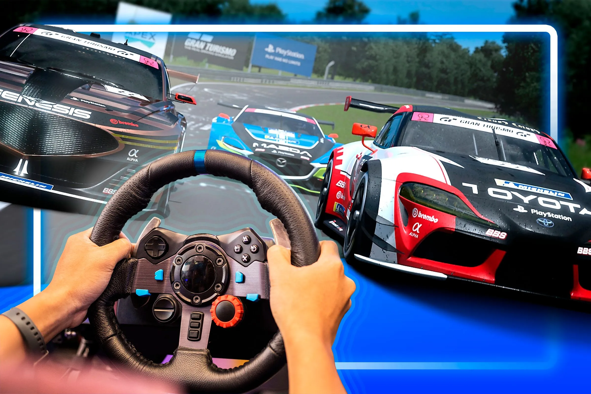 Người chơi trải nghiệm game Gran Turismo với vô lăng, minh họa khả năng kết nối phụ kiện USB trên PS5.