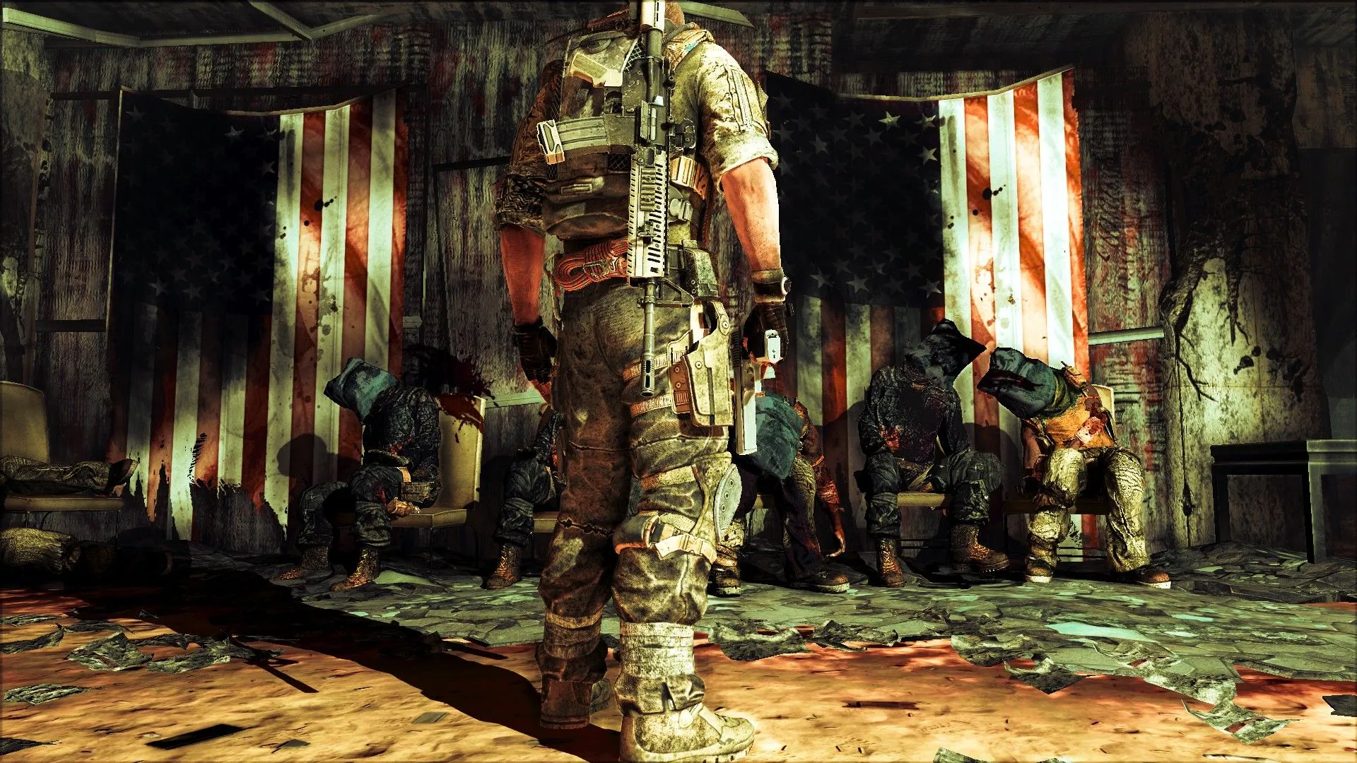 Người chơi trong Spec Ops: The Line nhìn những con tin đã chết trước lá cờ Mỹ, thể hiện nội dung u ám của game.