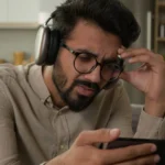 Người đàn ông cau mày nhìn vào iPhone với tai nghe AirPods Max, thể hiện sự mệt mỏi khi chơi game gacha quá mức