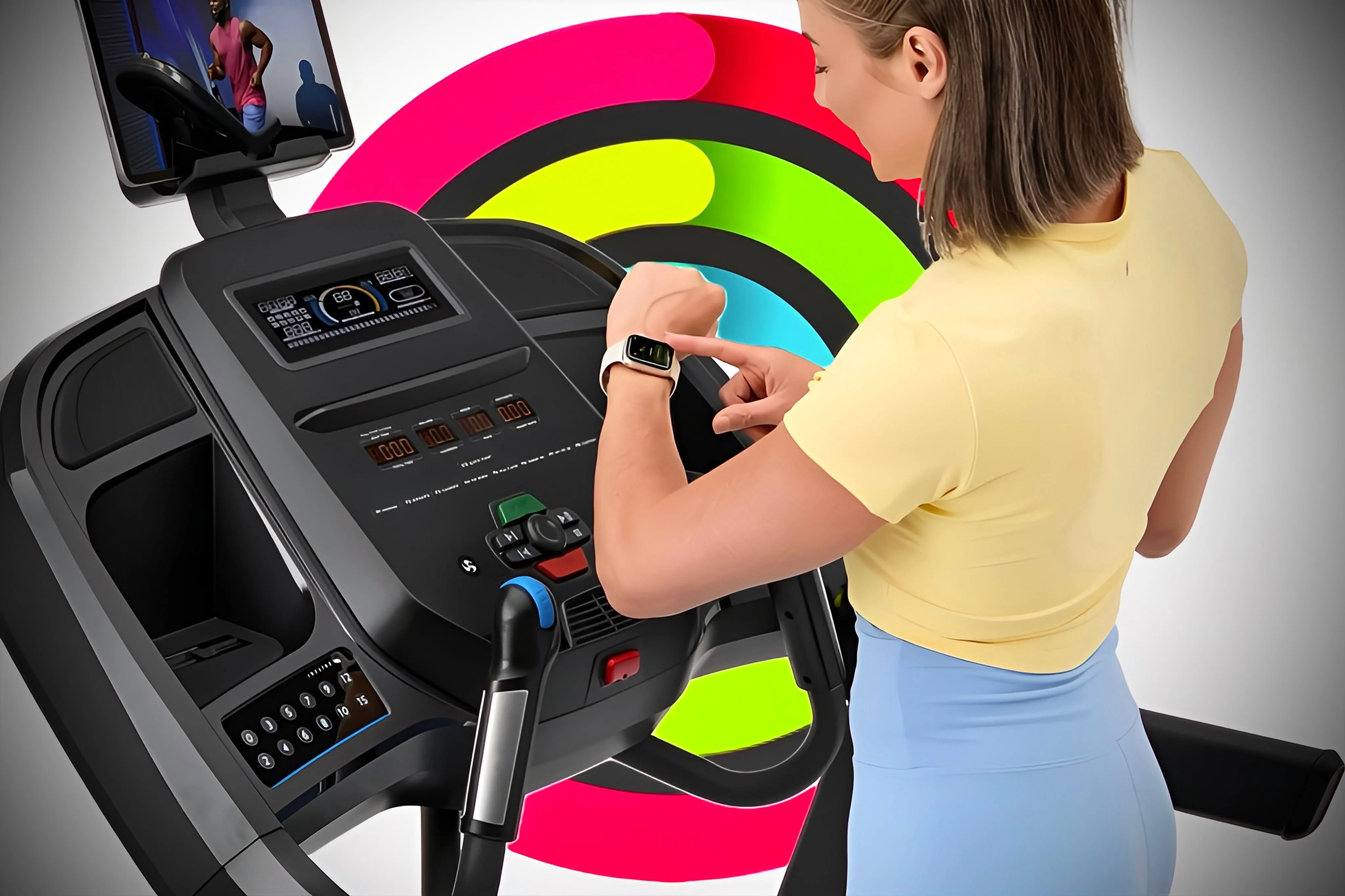Người dùng đang xác nhận kết nối Apple Watch với máy chạy bộ tương thích GymKit để theo dõi bài tập
