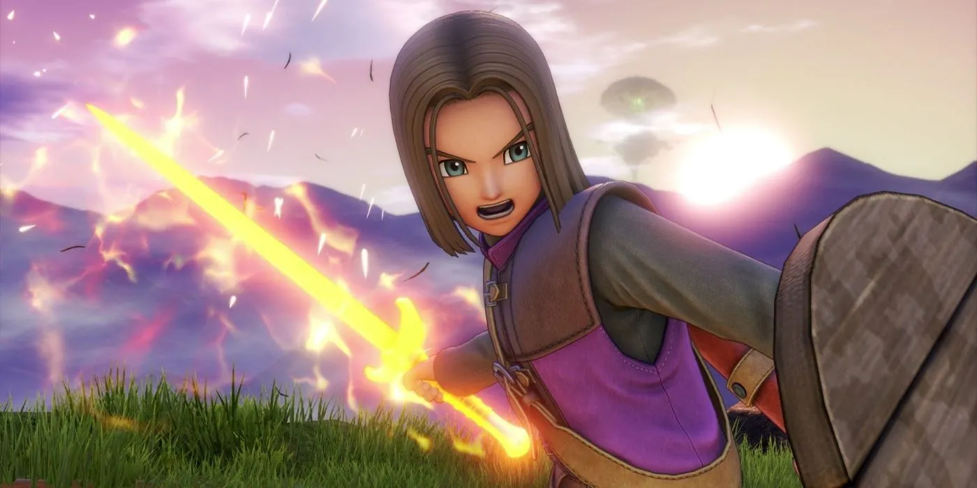 Người hùng Luminary từ Dragon Quest XI, một tựa game JRPG hiện đại, đang vung kiếm lửa tấn công