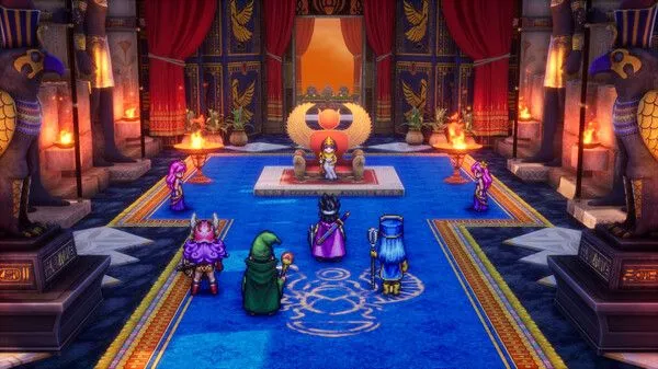 Người hùng và nhóm bạn trong cung điện theo phong cách Ai Cập trong bản làm lại Dragon Quest III HD-2D Remake