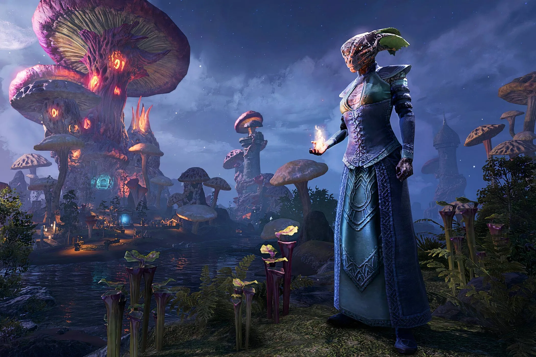 Nhân vật Argonian từ Elder Scrolls Online, một game MMO có thể chơi solo, đang cầm lửa gần một thành phố