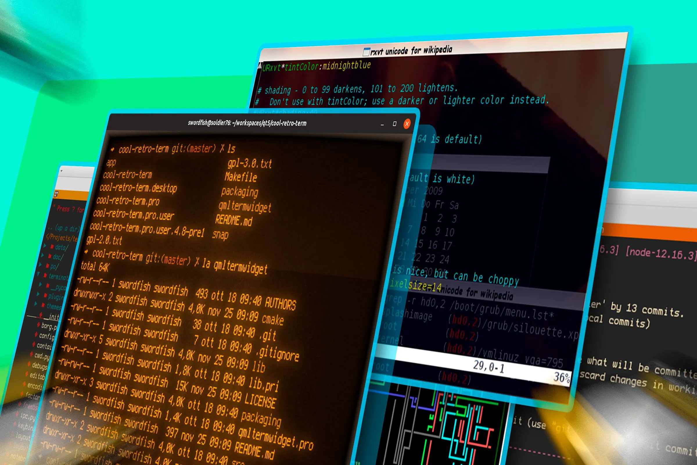 Nhiều cửa sổ terminal Linux hiển thị các lệnh dòng lệnh, tượng trưng cho tiện ích cURL