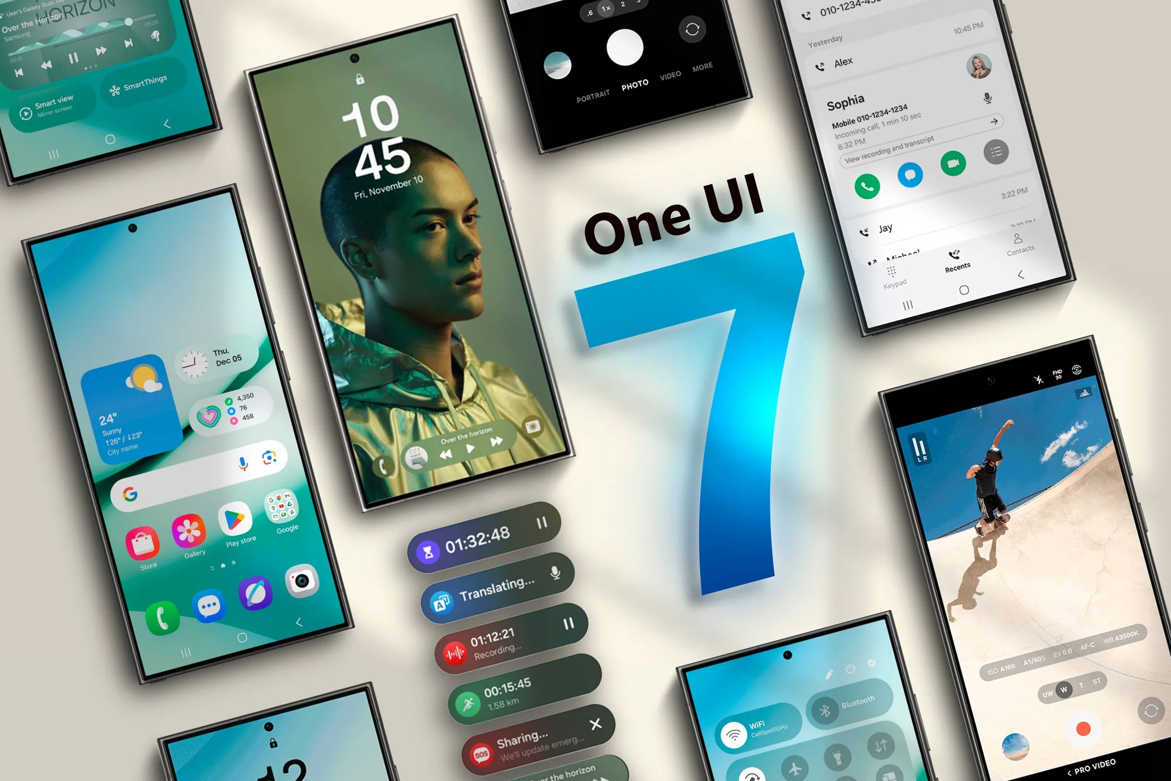Nhiều thiết bị Samsung Galaxy S24 đặt cạnh nhau với giao diện One UI 7 hiển thị trên màn hình