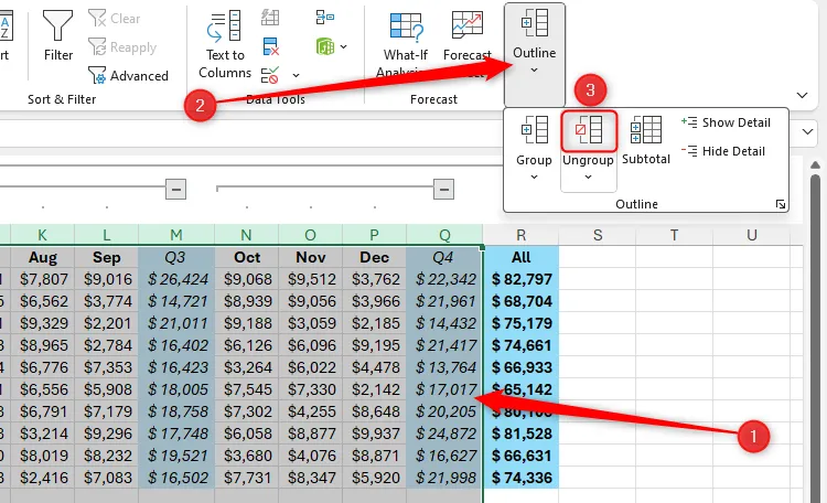 Nút Ungroup trong mục Outline thuộc thẻ Data trên Excel để bỏ nhóm cột