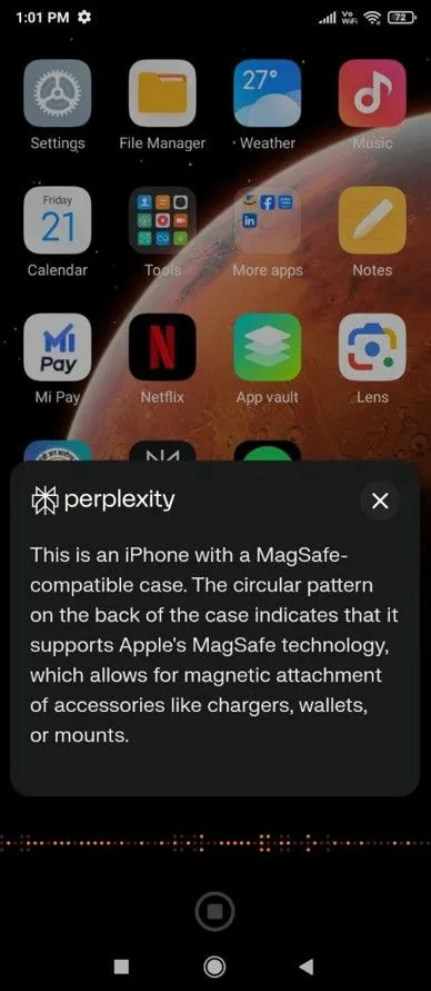 Perplexity AI Assistant mô tả vật thể trước camera điện thoại