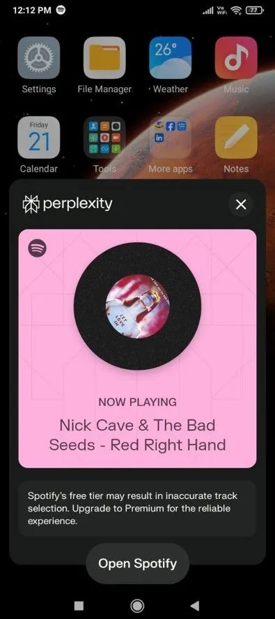 Perplexity AI đang phát nhạc qua Spotify trên Android