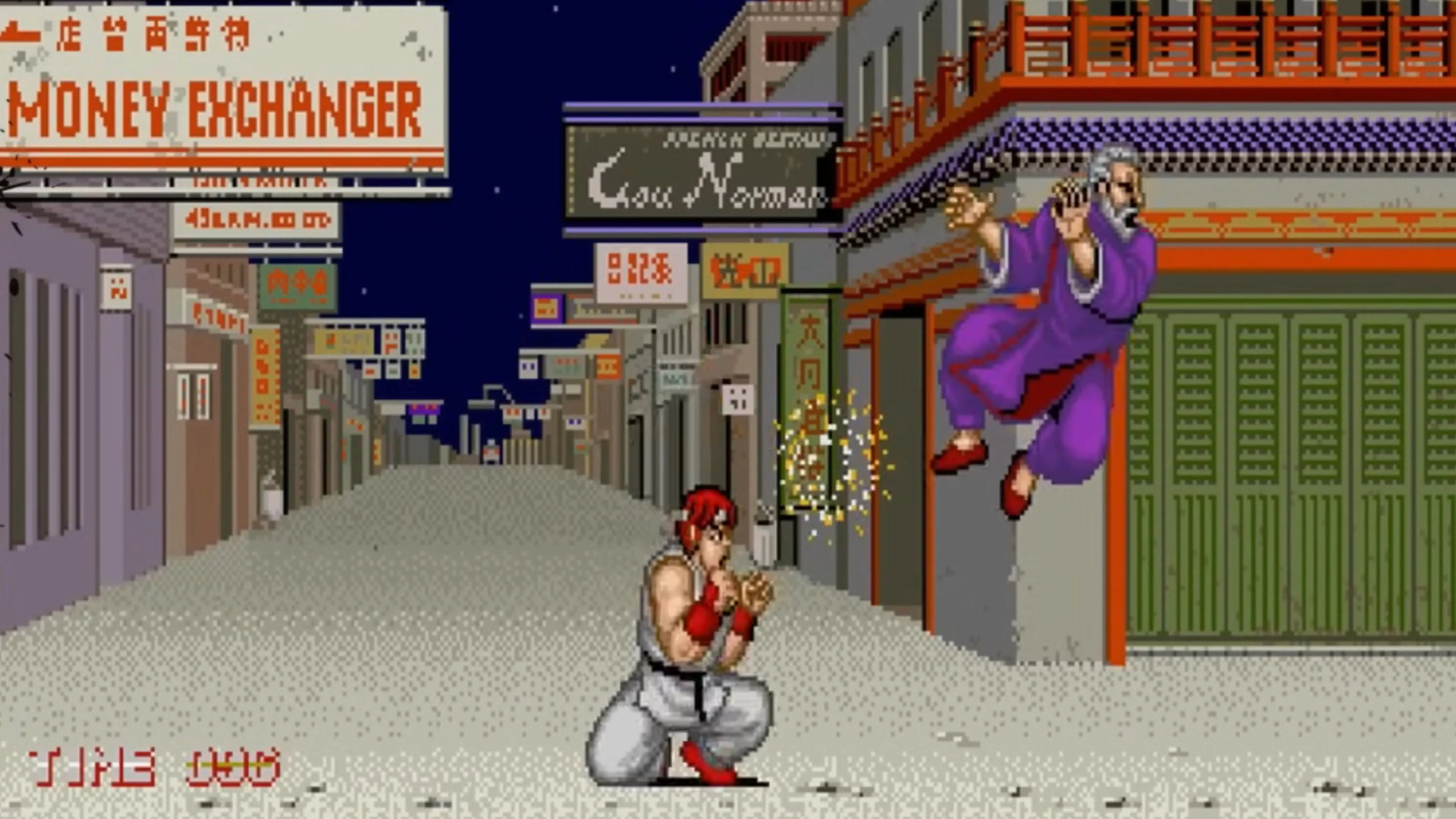 Ryu đối đầu với Gen trong Street Fighter phiên bản 1987, minh họa gameplay đối kháng đầu tiên.