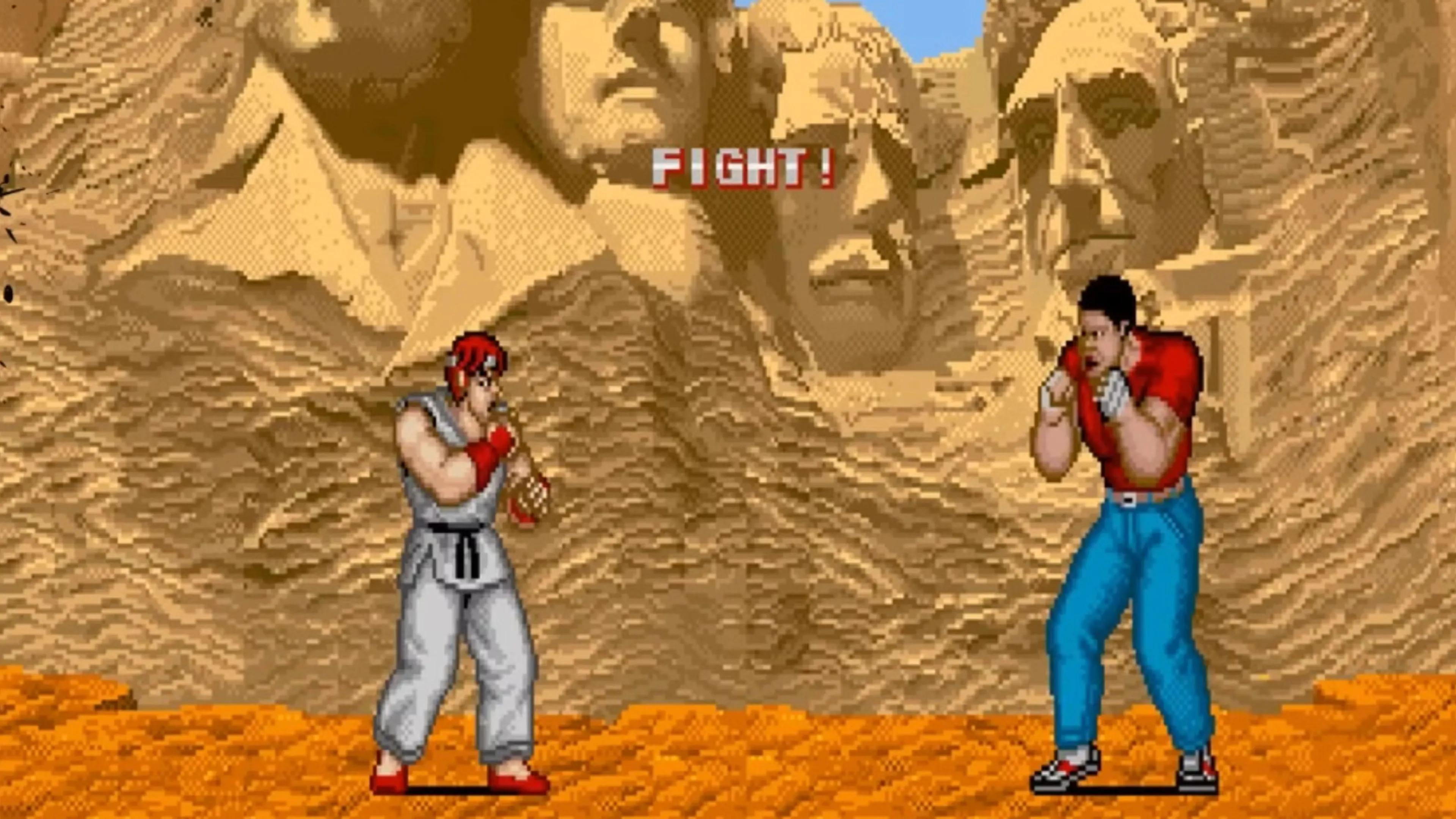 Ryu và Mike giao đấu trong Street Fighter 1987, thể hiện lối chơi chậm và cứng nhắc của phiên bản đầu tiên.