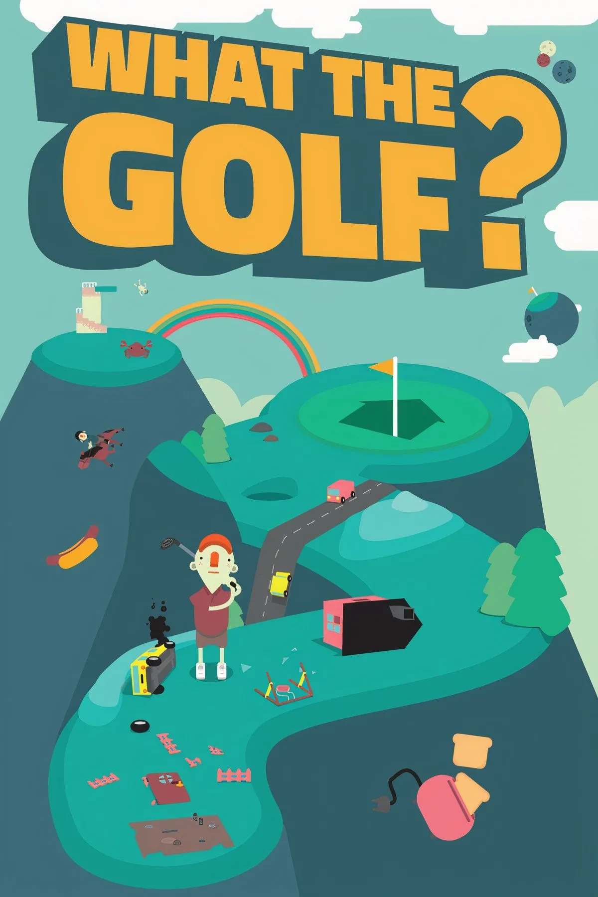 Sân golf với xe hơi thay bóng và người chơi trong game What the Golf? demo trên Nintendo Switch