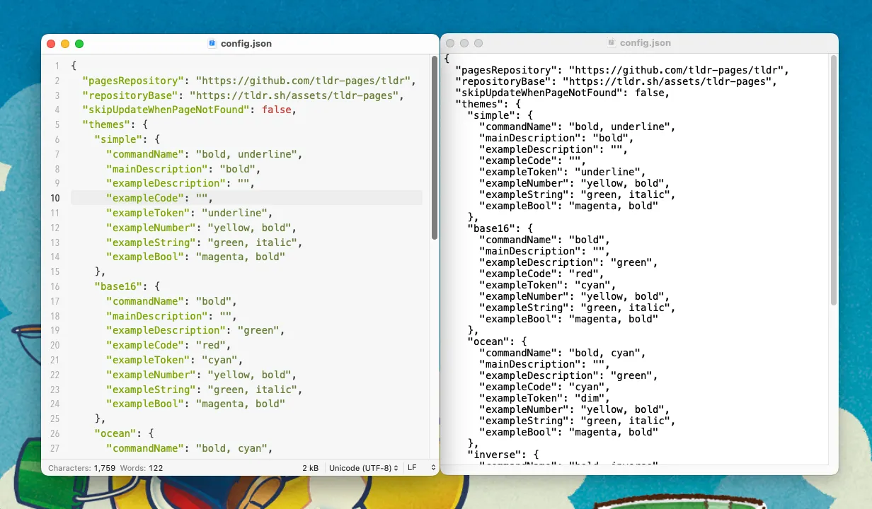 So sánh CotEditor và TextEdit hiển thị tệp JSON, CotEditor có tô sáng cú pháp màu và đánh số dòng, TextEdit chỉ có văn bản đen trắng.