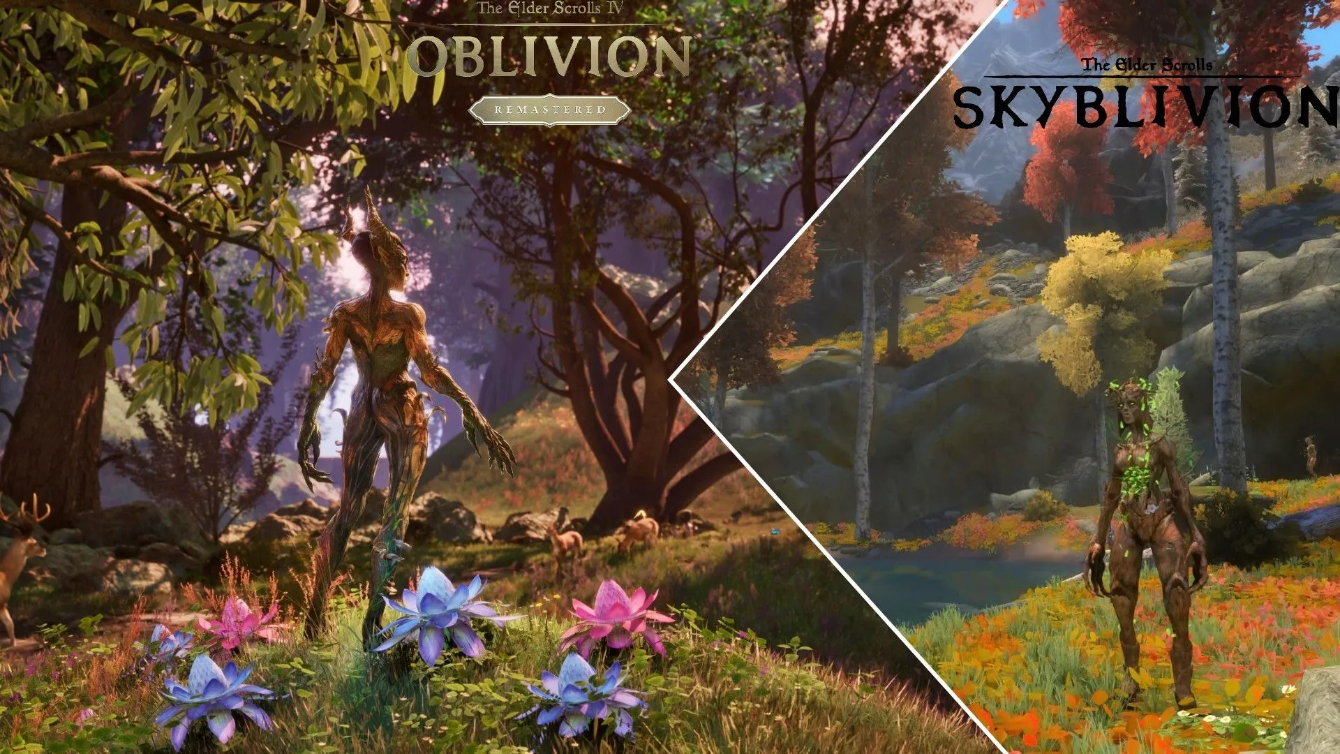 So sánh đồ họa: Spriggon trong Oblivion gốc (trái) và Spriggon trong Skyblivion (phải), thể hiện sự nâng cấp hình ảnh của mod.
