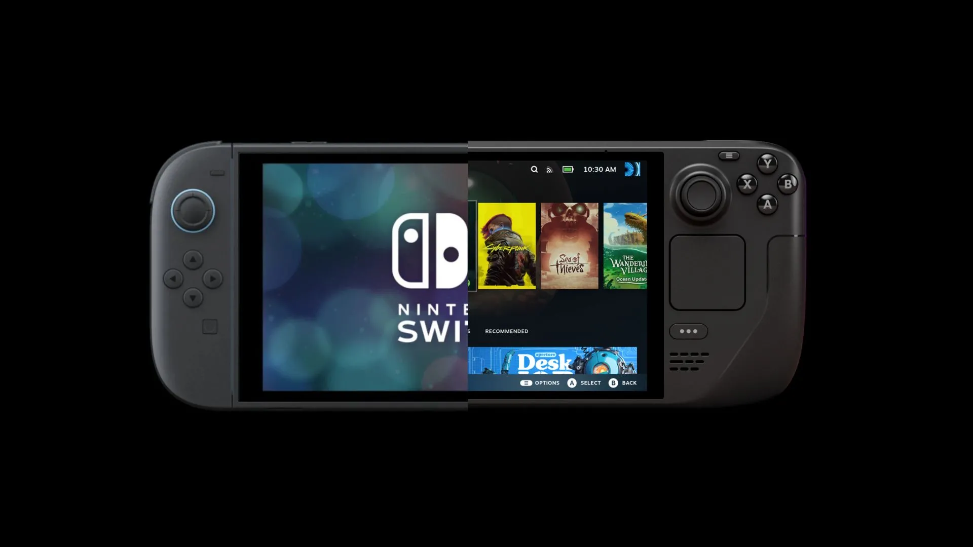 So sánh kích thước giữa Nintendo Switch và Steam Deck OLED, cho thấy sự khác biệt về tính di động