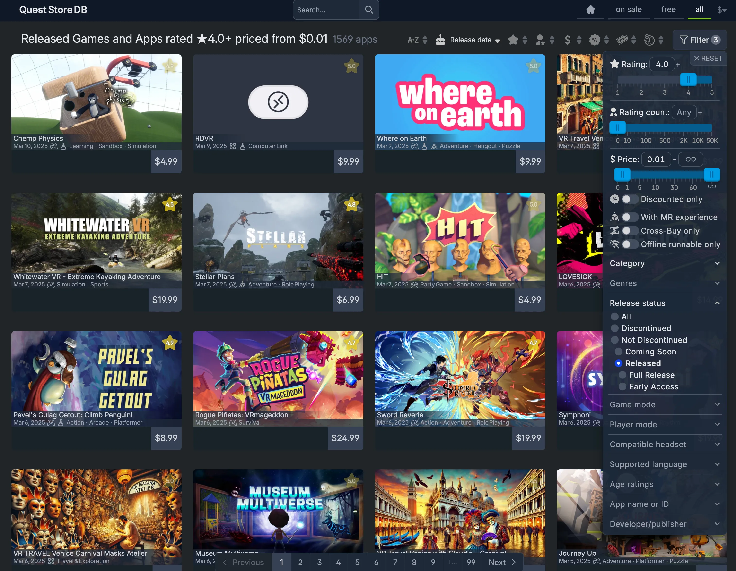 Sử dụng các bộ lọc trên Quest Store DB để tìm kiếm và loại bỏ các tựa game kém chất lượng, giúp tối ưu trải nghiệm người dùng Meta Quest
