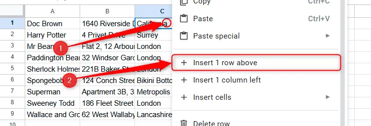 Sử dụng menu chuột phải trong Google Sheets để chèn thêm một hàng ở trên, chuẩn bị thêm tiêu đề cột.