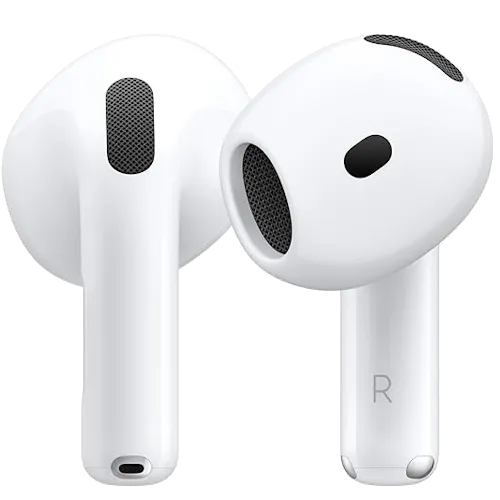 Tai nghe không dây Apple AirPods 4 kèm hộp sạc màu trắng, đặt trên mặt phẳng.